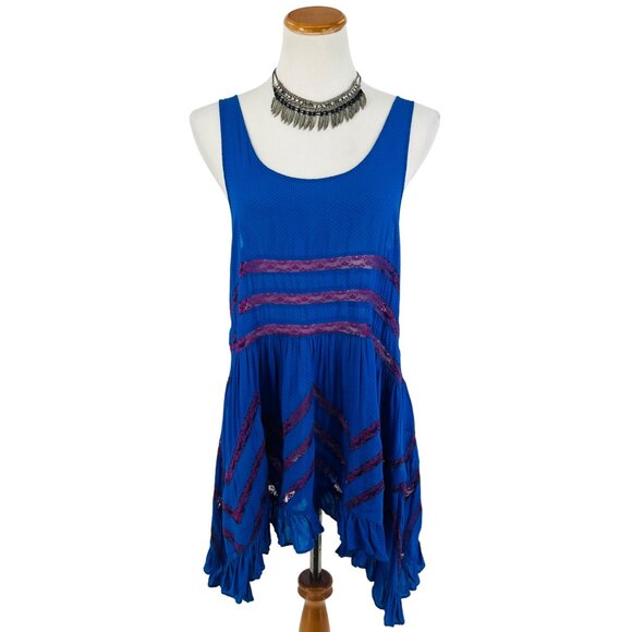 Free People Intimately Blue Polka Dot Tiered Ruffle Hem Voile & Lace Slip Dress - Picture 15 of 16